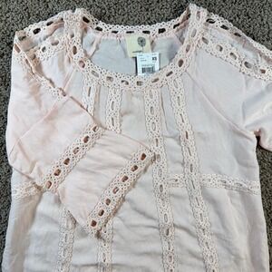 Everleigh Pink Crochet Lace Cotton Blouse 3/4 Bell Sleeve Boho Top XS maternity